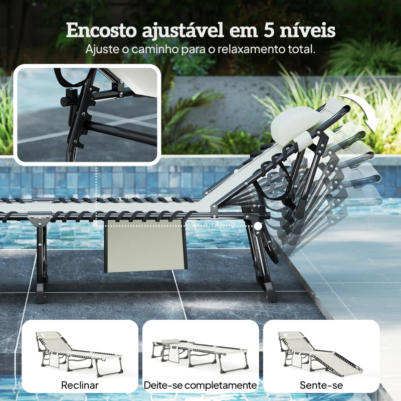 Outsunny Conjunto de 2 Espreguiçadeiras Jardim Dobráveis com Apoio de Cabeça e Encosto Reclinável em 5 Posições 200x57x38 cm Creme