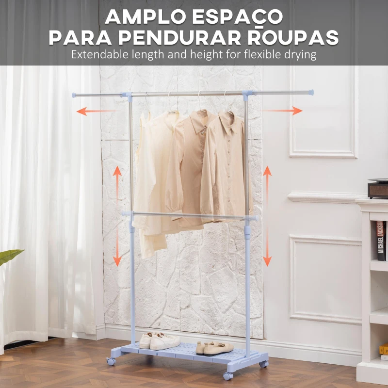 HOMCOM Charriot com Rodas com Barra de Aço Inoxidável e Prateleira para Sapatos Altura Ajustável 94-159x42x93-168 cm Azul