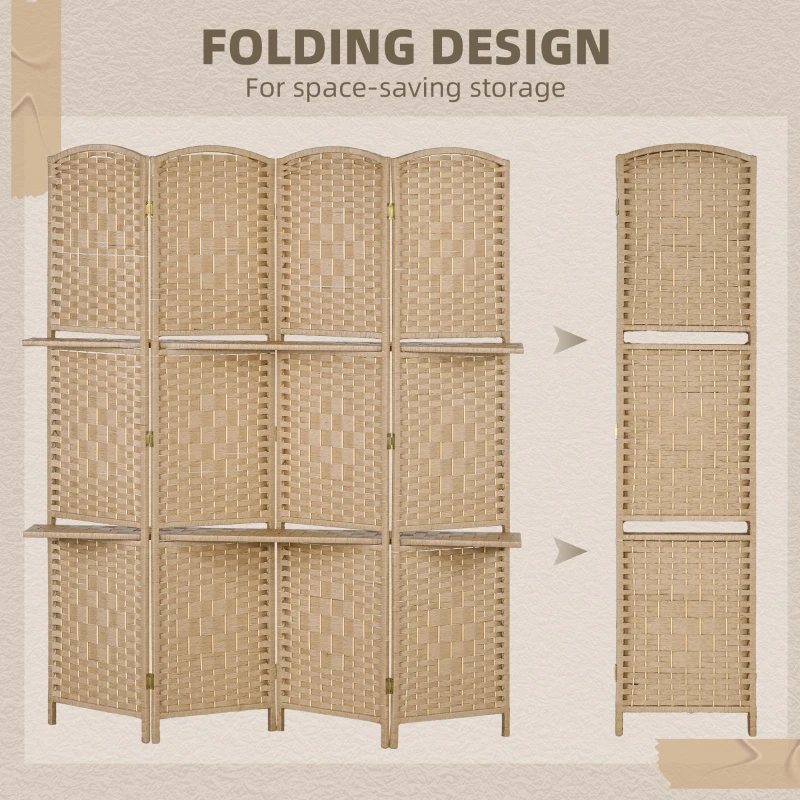 HOMCOM 4-częściowy parawan, 160 x 170 cm, składana przegroda z 2 półkami