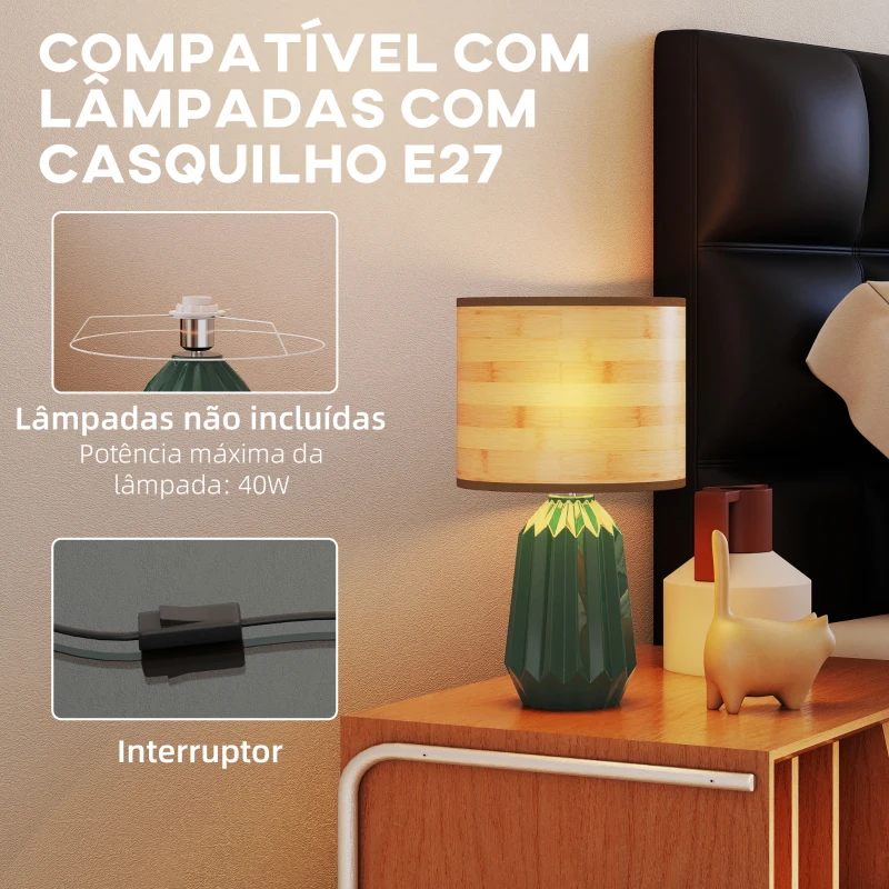 HOMCOM Candeeiro de Mesa com Base de Cerâmica e Ecrã de Linho Estilo Retro com Interruptor E27 40W Verde e Madeira