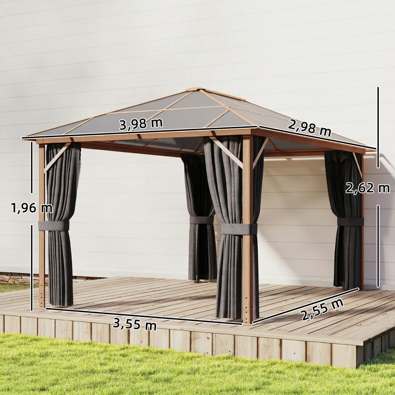 Outsunny Gartenpavillon ca. 4x3m Aluminium Pavillon mit Polycarbonat-Dach 6 mm Moskitonetz 4 Seitenteile Holzoptik Naturholz