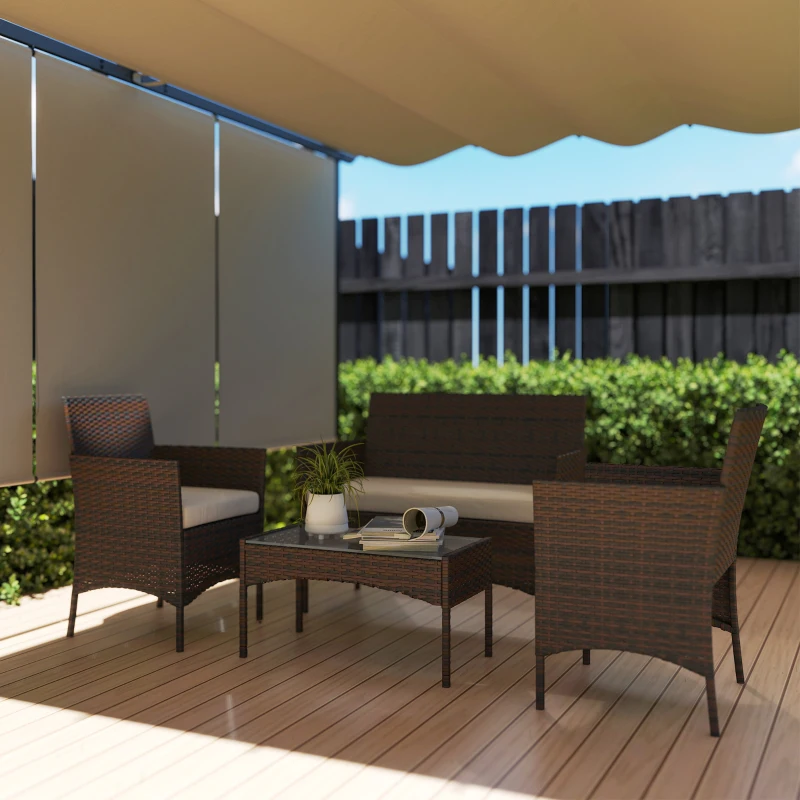 Outsunny Salon de jardin extérieur 4 personnes en résine tressée avec canapés et table basse en verre trempé coussins inclus beige