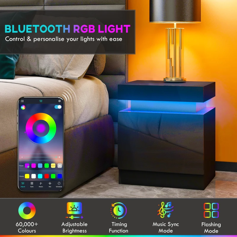 HOMCOM Black Bedside Table with LED Light, High Gloss Front Nightstand with 2 Drawers, for Living Room, Bedroom