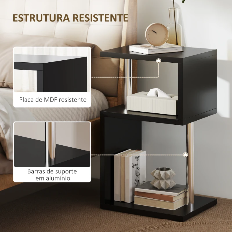HOMCOM Mesa Auxiliar com Luz LED 3 Níveis Forma de S Prateleiras Abertas e Estrutura em Alumínio 44x38x75 cm Preto Brilhante