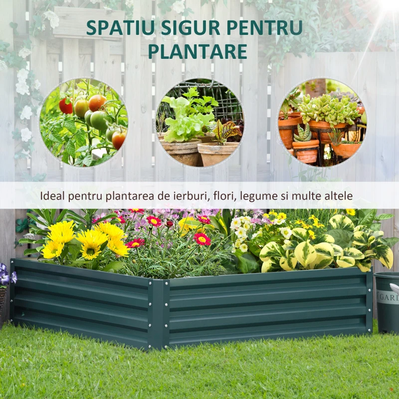 Outsunny Pat de Gradina Suprainaltat 120x120x30cm Galvanizat, Pat Suprainaltat pentru Plante cu Cadru din Otel pentru Legume, Flori, Plante si Ierburi, Verde