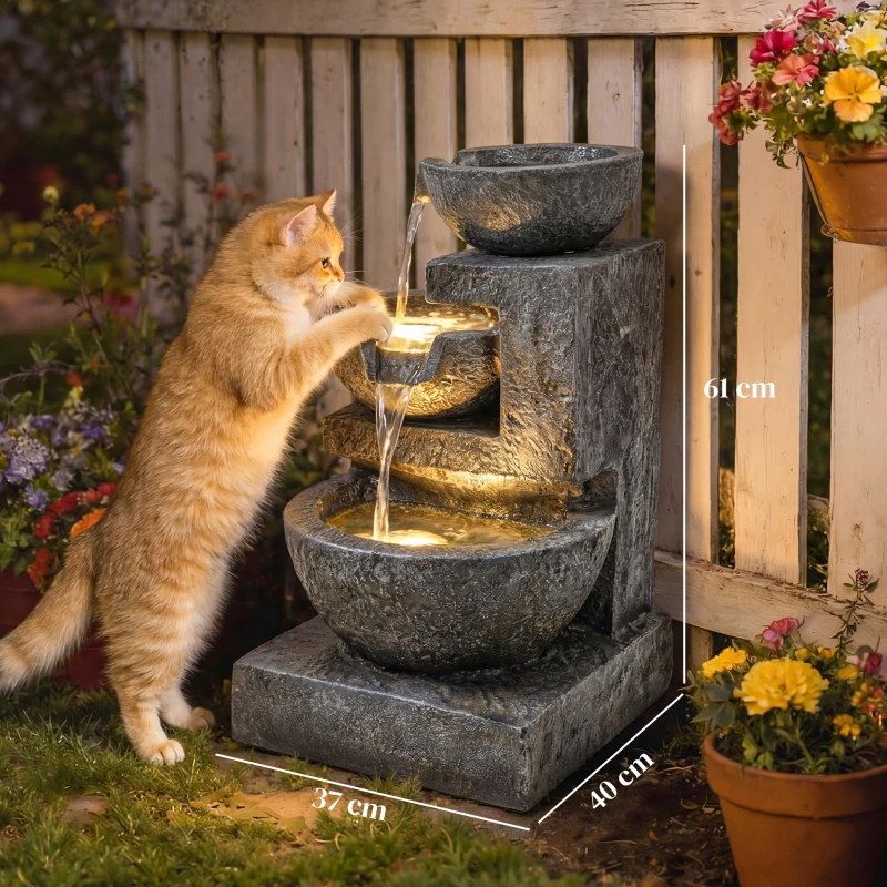 Outsunny Springbrunnen 3-stufig Gartenbrunnen mit LED Beleuchtung Pumpe Steinoptik, Verstellbar 40 x 37 x 61 cm