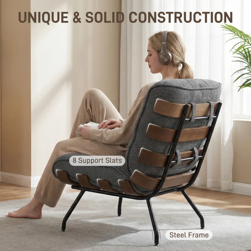 HOMCOM Accent Chair, Linen-look Fabric Reading Chair with Spring Cushion, Slatted Support, Steel Frame, Dark Grey