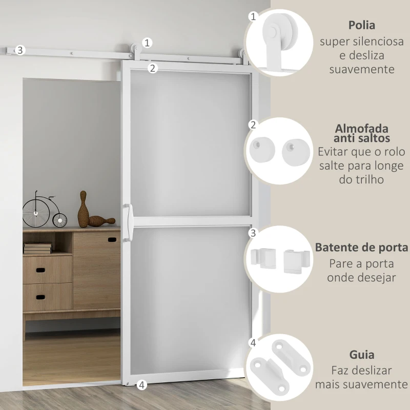 HOMCOM Ferragem para Porta de Correr Kit de Acessórios para Porta Corredeira com 2 Trilhos de Aço de Carbono 200x40x0,6 cm Branco