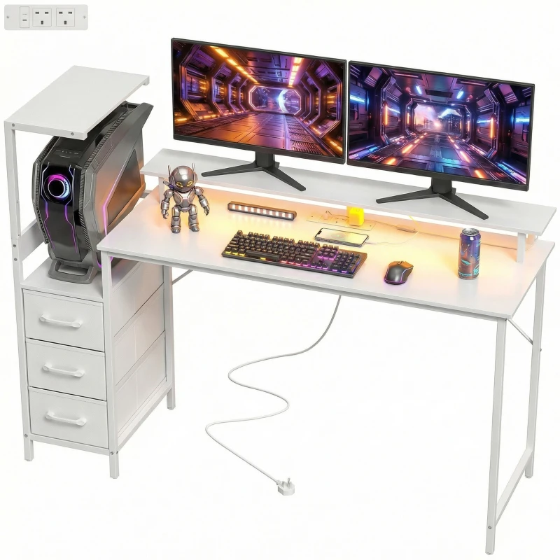 HOMCOM 147cm Gaming Desk with Charging Station and Monitor Stand, Computer Table for Home Office with RGB Lights, White