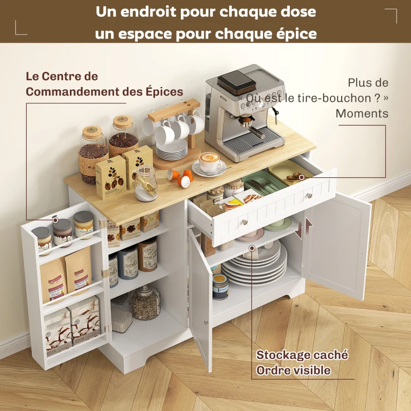 HOMCOM Buffet cuisine, meuble de rangement avec 3 portes, tiroir, étagères de porte et étagère réglable, 105x40x83cm, blanc