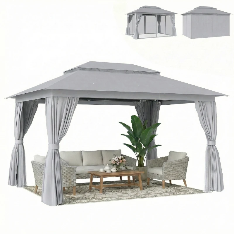 Outsunny 3 x 4 m Outdoor Garden Gazebo with Netting and Curtains, UPF50+ Patio Gazebo Permanent Pavilion Canopy, Dark Grey
