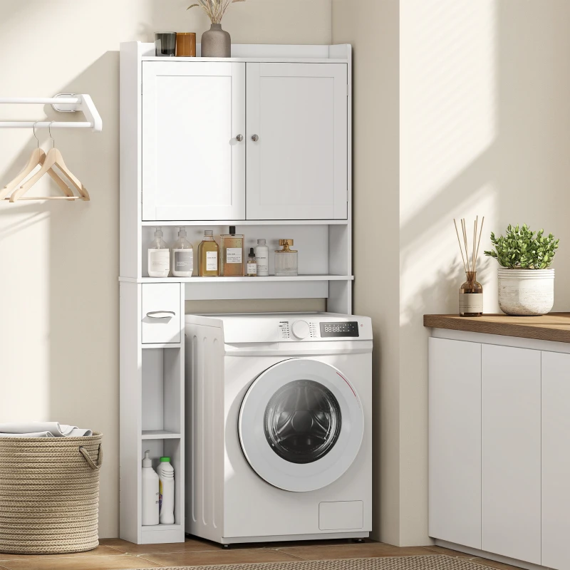 HOMCOM Meuble WC dessus de toilette ou machine à laver, 2 portes, 3 compartiments, porte-papier toilette, 80x19,5x170cm, blanc