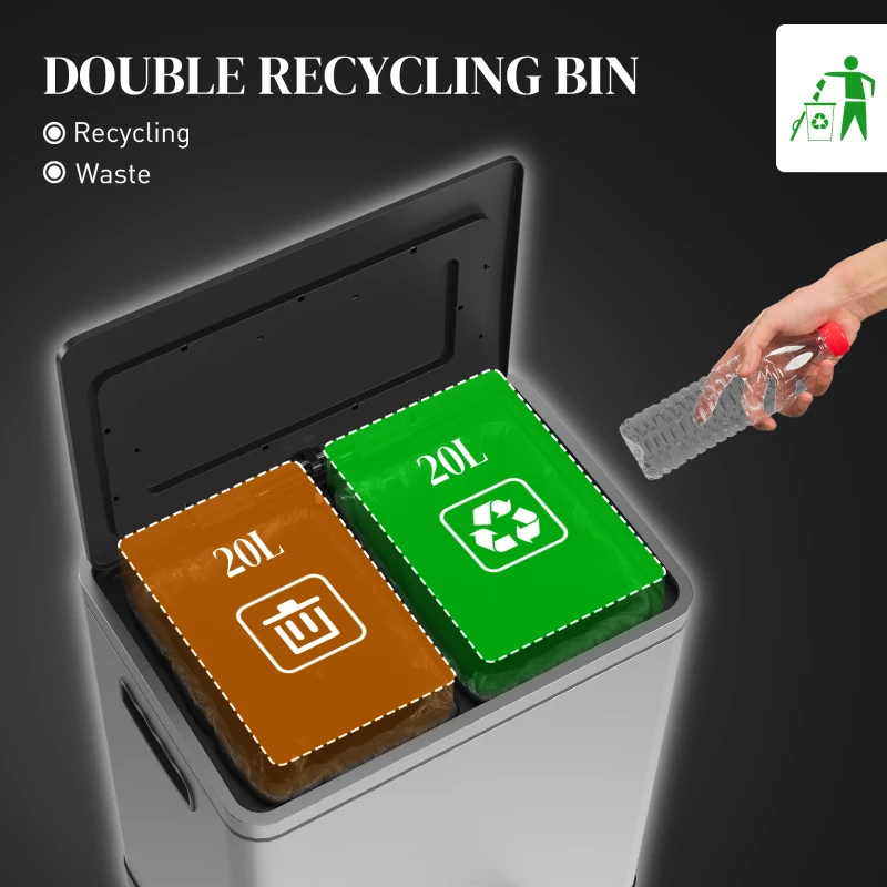 Kosz na śmieci 40L, pedał, 2 wkłady, srebrny kolor