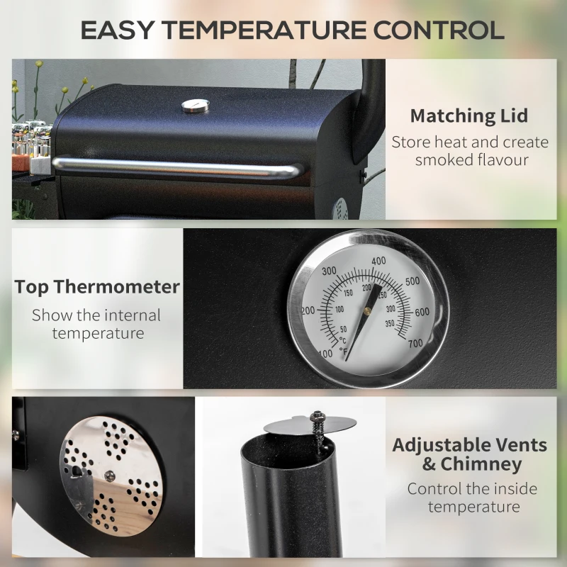 Outsunny Grill Węglowy Smoker BBQ, 1 półka, z termometrem, 83 x 46,5 x 115 cm, Czarny