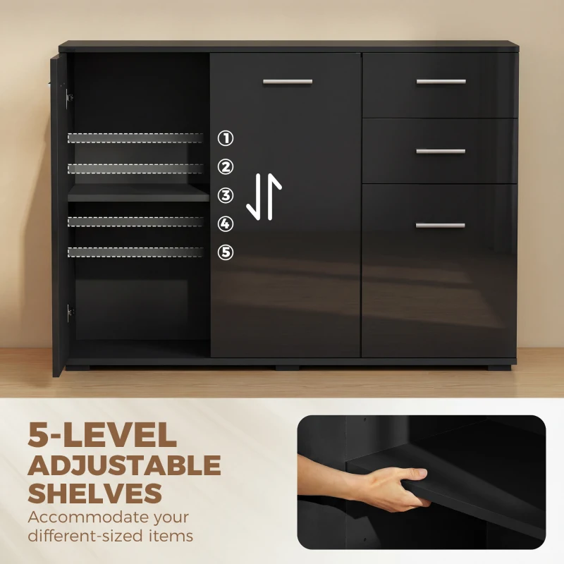 HOMCOM Sideboard, Modern Storage Cabinet with 2 Drawers, 3 Doors and Adjustable Shelves, High Gloss Black