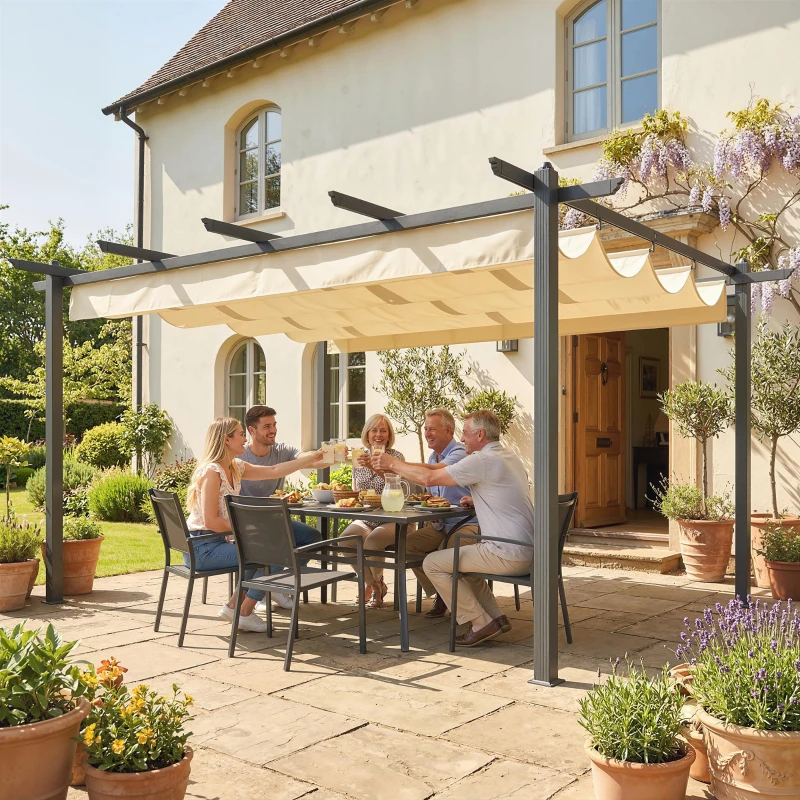 Outsunny Pérgola de Jardim 4x3 m com Telhado Retrátil Estrutura de Alumínio UPF30+ Orifícios de Drenagem Pérgola de Exterior Creme