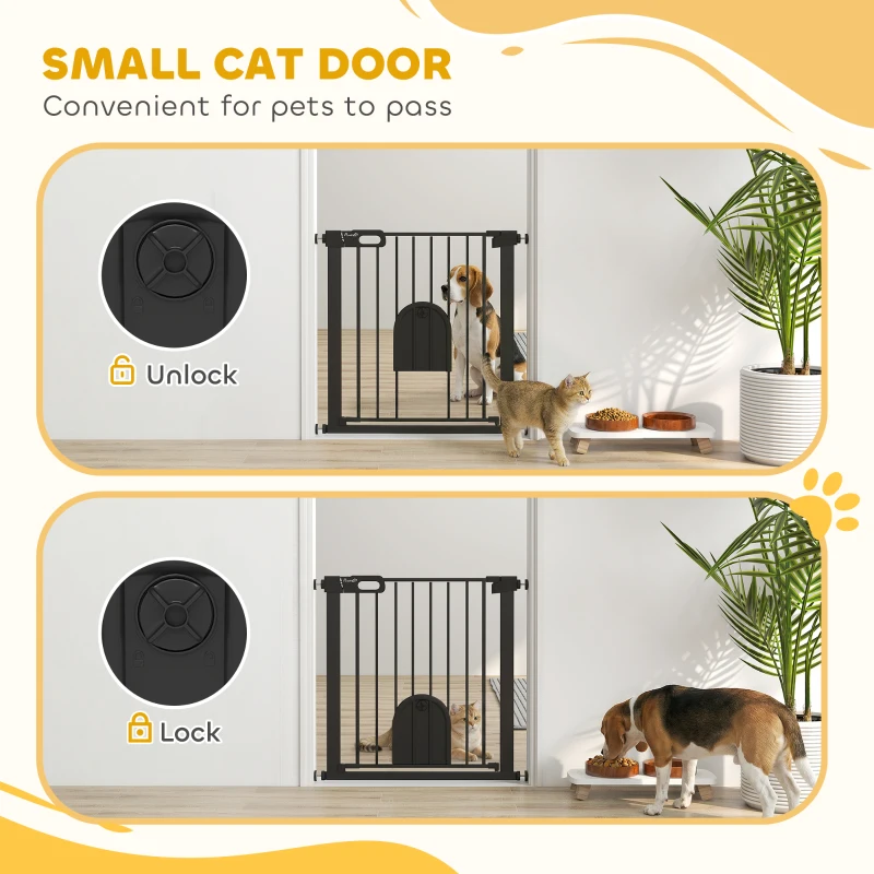 PawHut Dog Gate with Cat Flap Pet Safety Gate Barrier, Stair Pressure Fit, Auto Close, Double Locking, for Doorways, Hallways, 75-82 cm Black