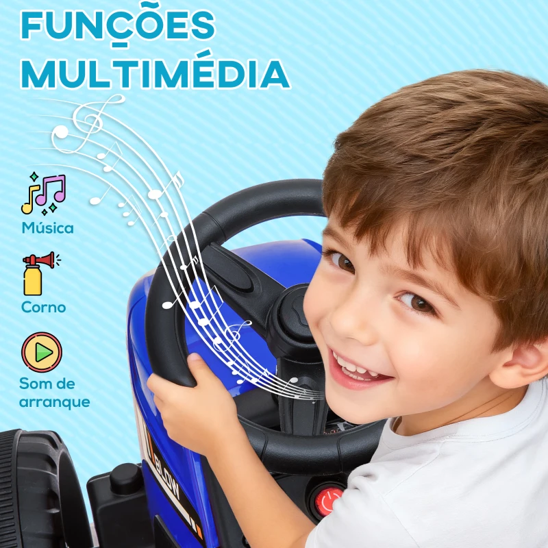 HOMCOM Trator Elétrico com Reboque Amovível com Controlo Remoto Música MP3 Luzes e Cinto de Segurança 136,5x50x52,5 cm Azul