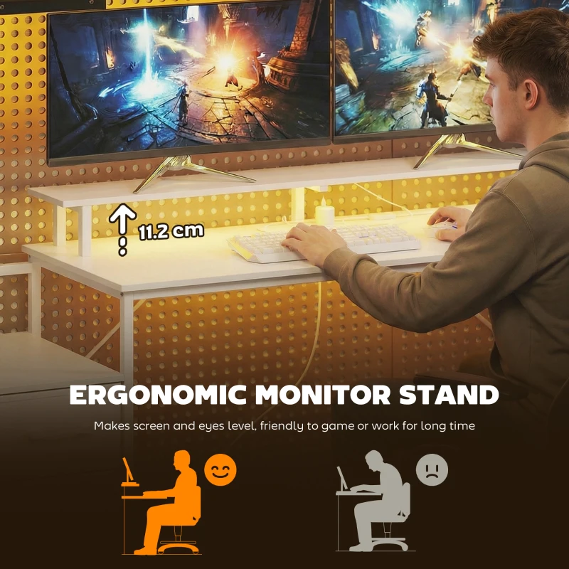 HOMCOM 147cm Gaming Desk with Charging Station and Monitor Stand, Computer Table for Home Office with RGB Lights, White