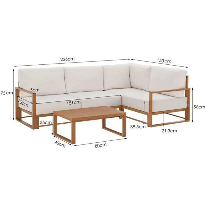 Salon de jardin canapé d'angle SANTA - Aluminium effet bois - 5 personnes - Ecru