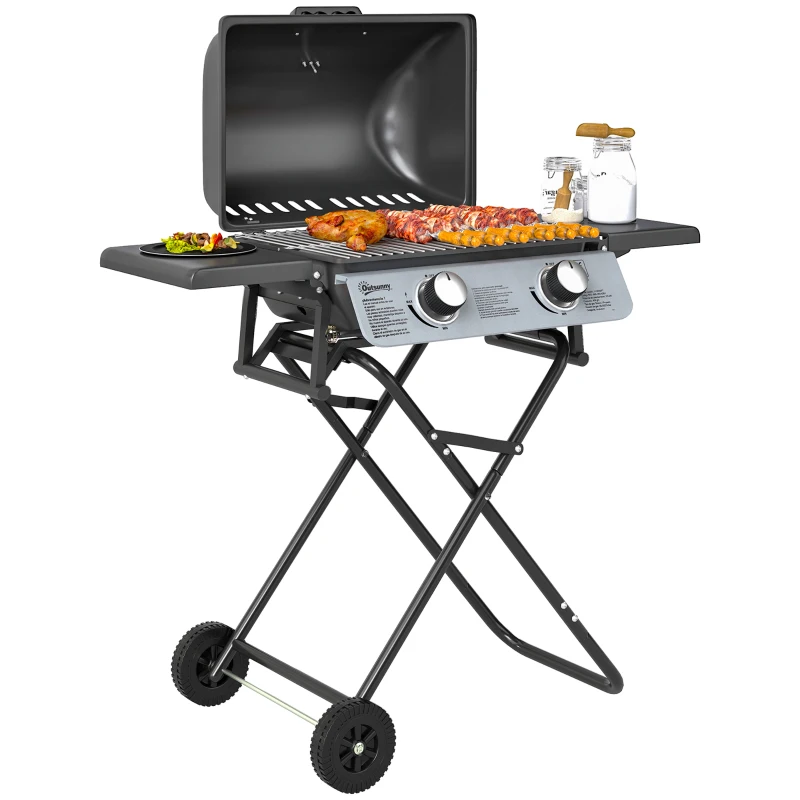 Outsunny Barbecue gaz transportable, 2 brûleurs 5,6 kW, barbecue gaz de camping avec étagères latérales thermomètre et roues, noir