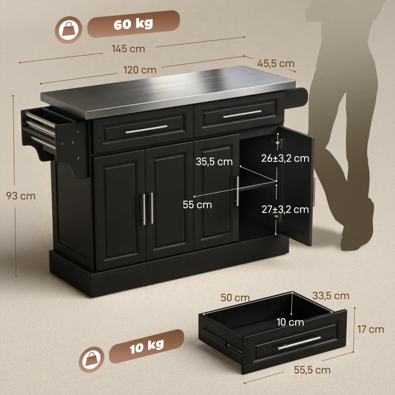 HOMCOM Ilha de Cozinha com Rodas Bancada de Aço Inoxidável 2 Gavetas 4 Portas e 2 Prateleiras Ajustáveis 145x45x93 cm Preto