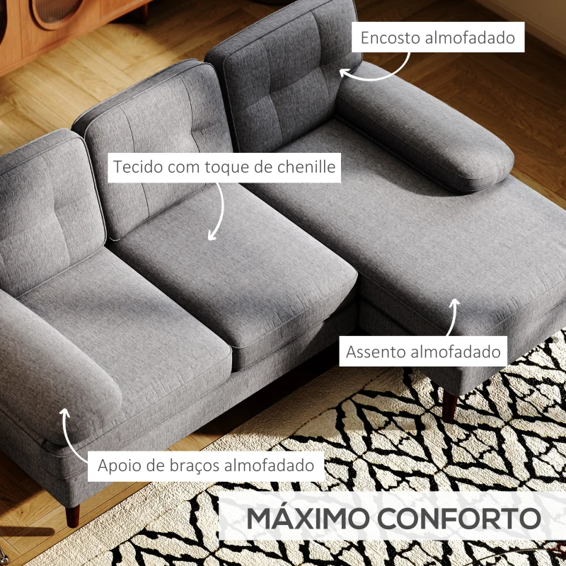 HOMCOM Sofá de Canto com Chaise Longue em Forma de L Estofado em Poliéster para Sala Capacidade 250 kg 215x142x88 cm Cinza