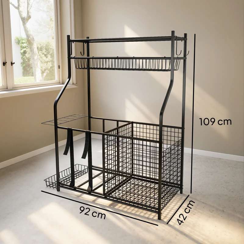 SPORTNOW Organizador de Equipamentos Desportivos com Cesta Ganchos Removíveis e Faixas Elásticas Suporte para Bolas 92x42x109 cm Preto