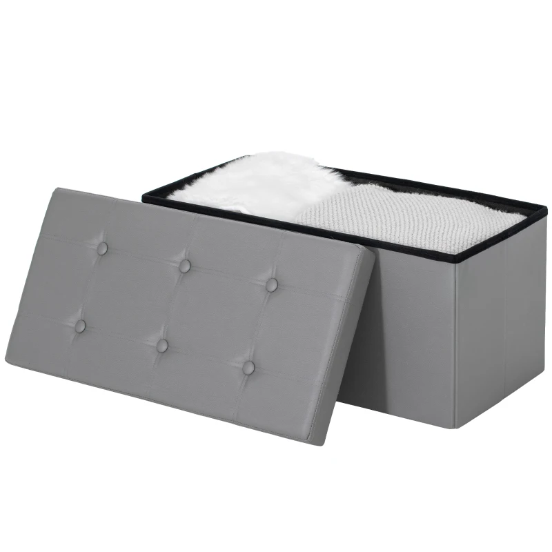 HOMCOM Storage Ottoman Bench, 89L PU Leather Folding Foot Rest Stool, End of Bed Bench, Easy Assembly, for Living Room, Bedroom, Entryway, Grey