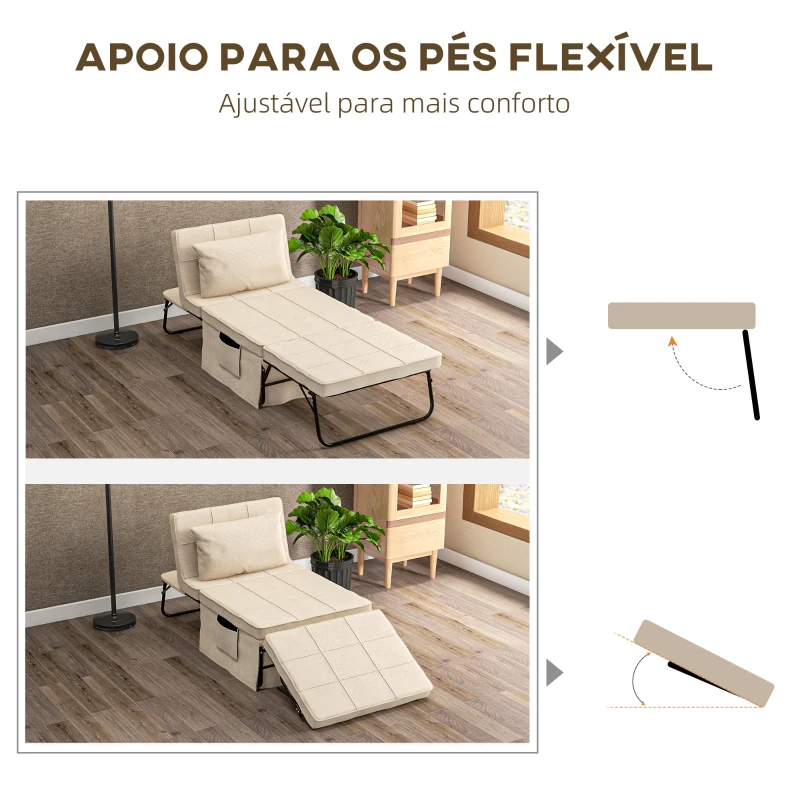 HOMCOM Sofá Cama 4 em 1  Estofado em Linho com Encosto Ajustável em 5 Níveis e Almofada Acolchoada  75x80x74 cm Creme