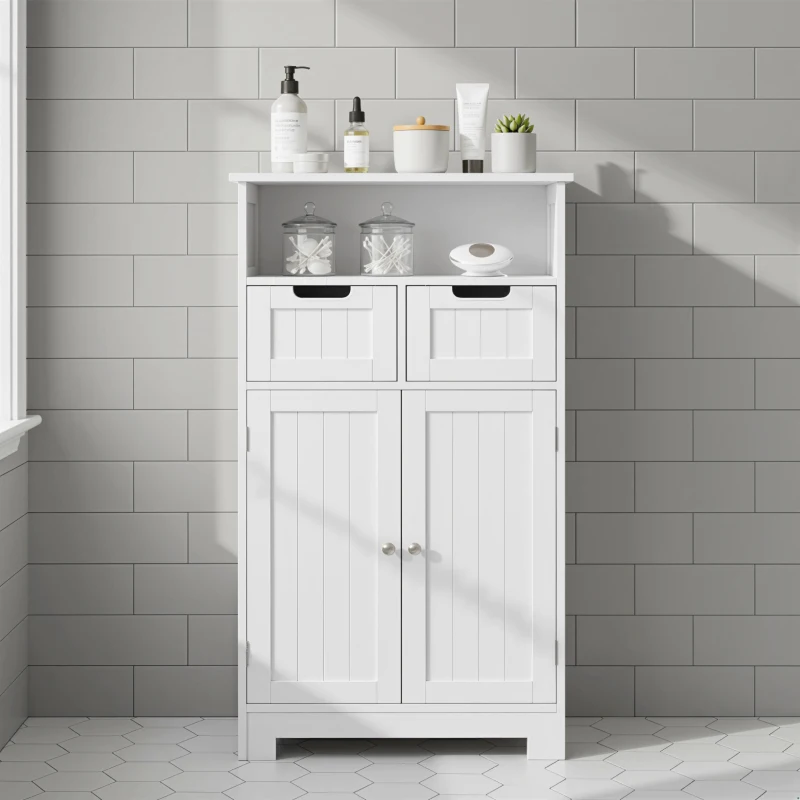 kleankin Bathroom Cabinet, Free Standing Bathroom Storage Cabinet with 2 Drawers and Adjustable Shelf, Small Bathroom Storage Unit, White
