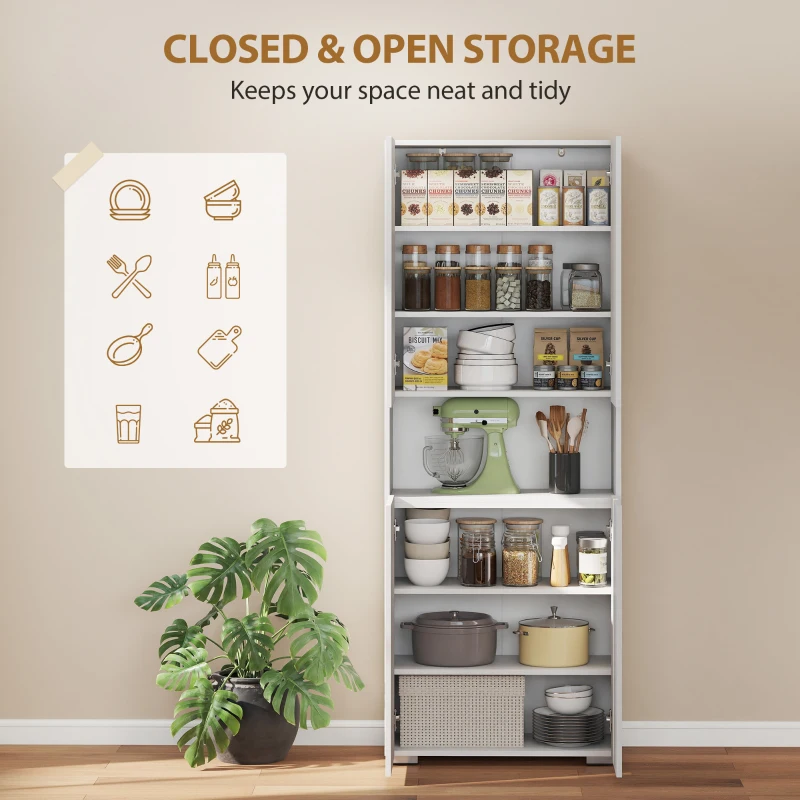 HOMCOM 180 cm Tall Kitchen Cupboard, Pantry Storage Cabinet with Soft Close Doors and Adjustable Shelves, High Gloss White