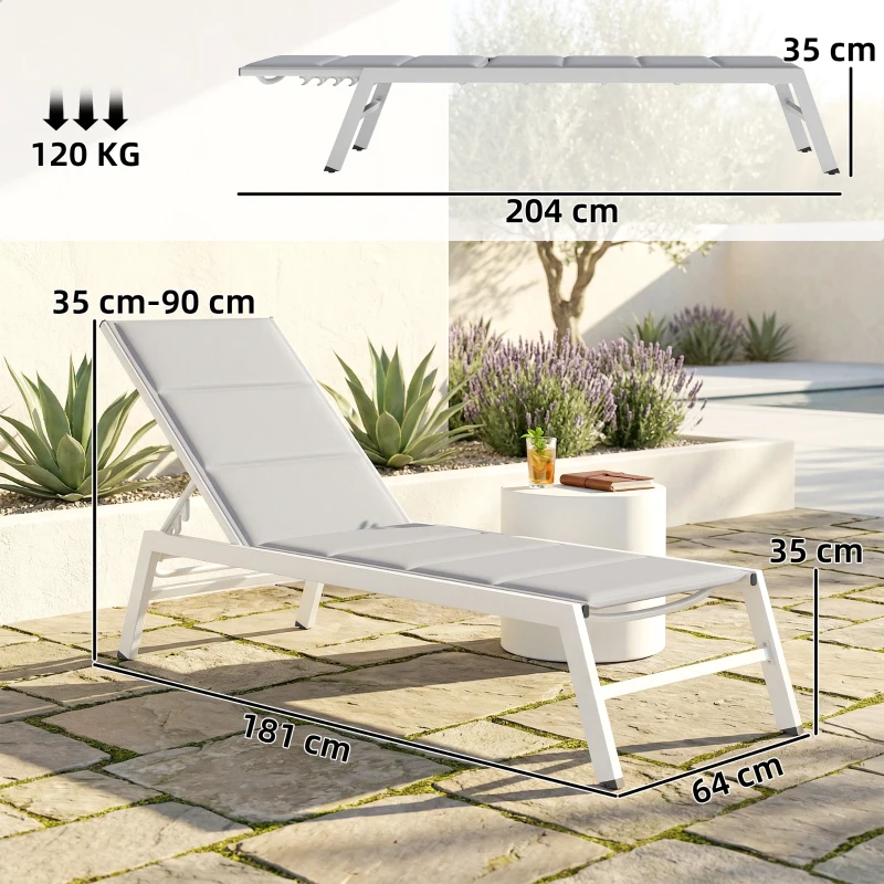 Outsunny Bain de Soleil en Aluminium Léger, Dossier Réglable 6 Positions, Rembourrage Intégré, 64x181x90cm, Gris Clair