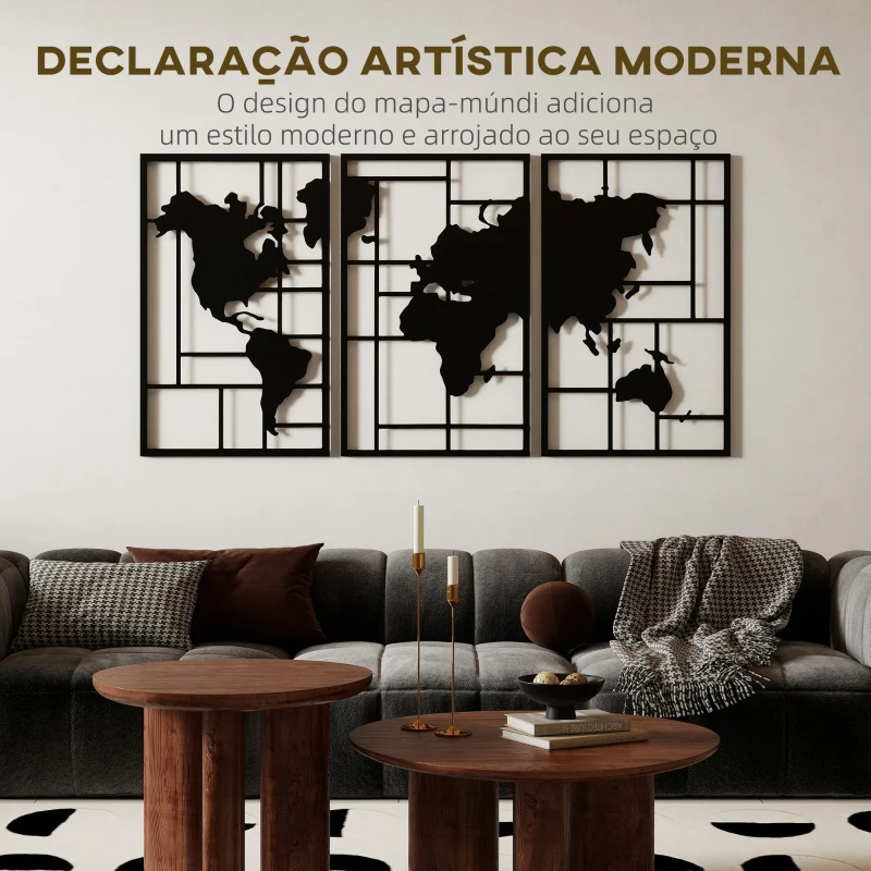 HOMCOM Decoração de Parede em Metal com Mapa Múndi Conjunto de 3 Peças Quadros de Parede Metálicos Preto