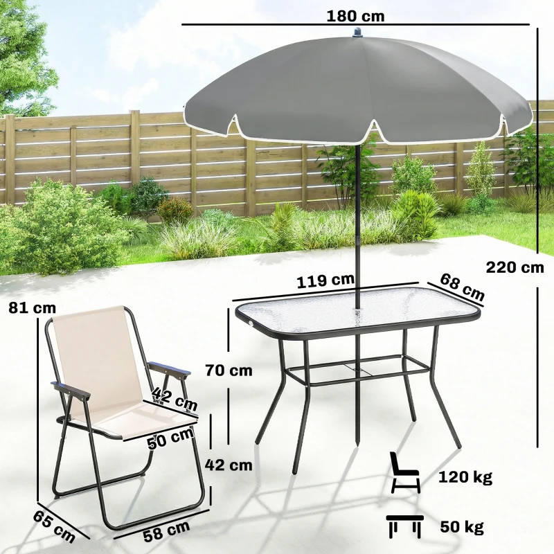 Outsunny Conjunto de Mesa e Cadeiras de Jardim de 8 Peças com Chapéu de Sol 6 Cadeiras Dobráveis e Mesa de Vidro Creme e Cinza