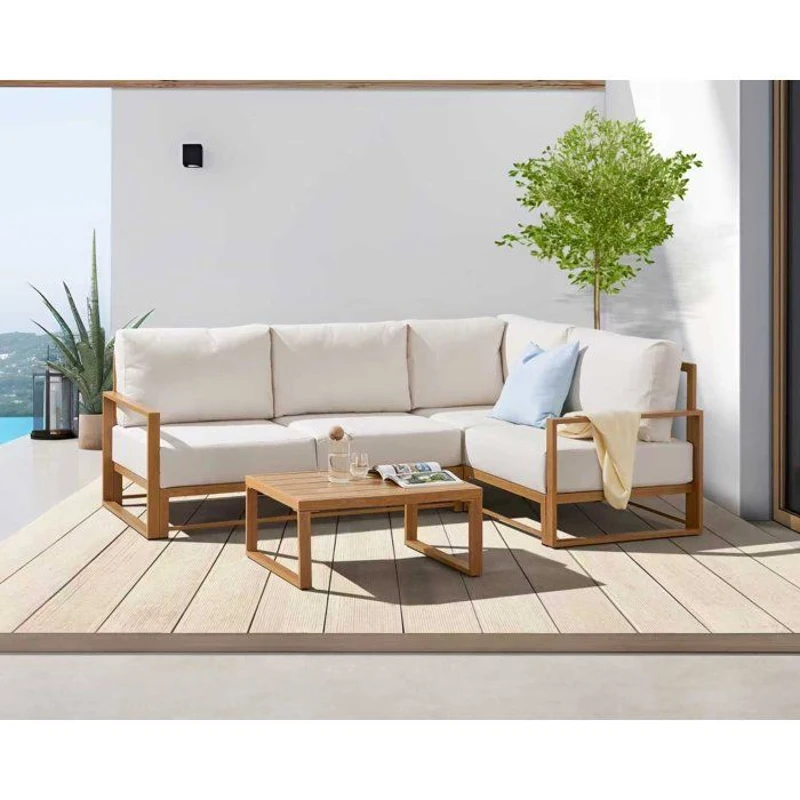 Salon de jardin canapé d'angle SANTA - Aluminium effet bois - 5 personnes - Ecru