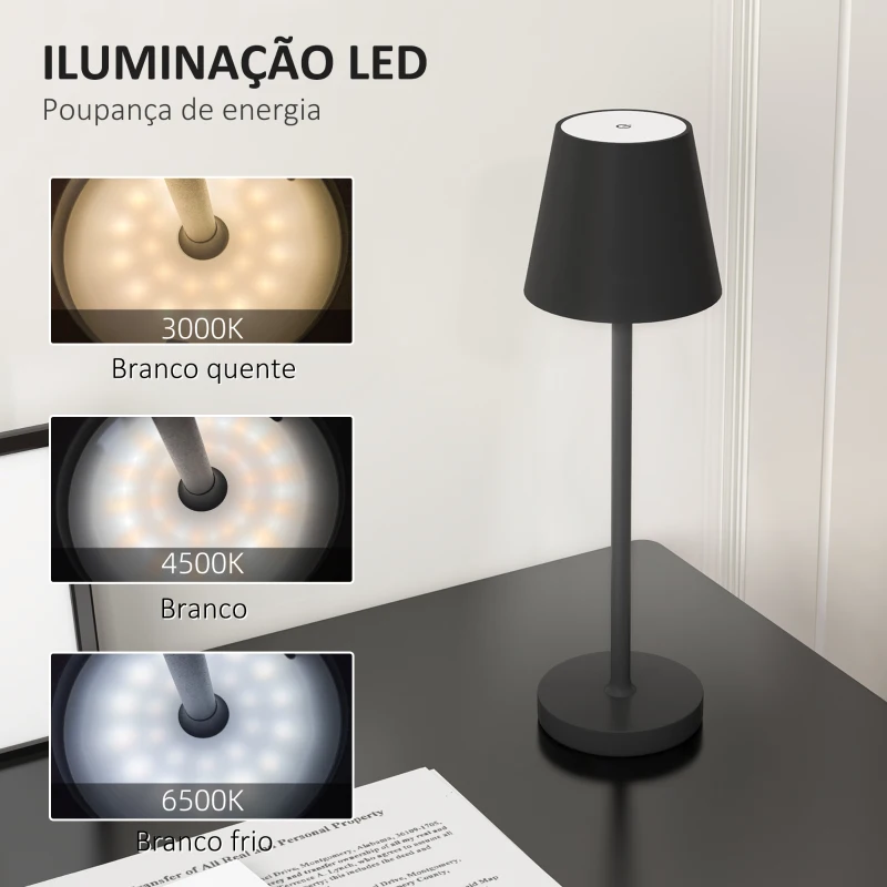 HOMCOM Candeeiro de Mesa com Luzes LED Candeeiro de Mesa Sem Fios Recarregável por USB-C 3 Cores Ø11,2x36,5 cm Preto