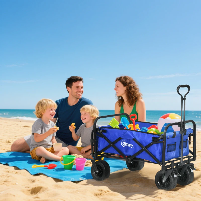 Outsunny Carrinho de Transporte Dobrável para Jardim com Guiador Telescópico Capacidade 100 kg 99x57x77-100 cm Azul Escuro