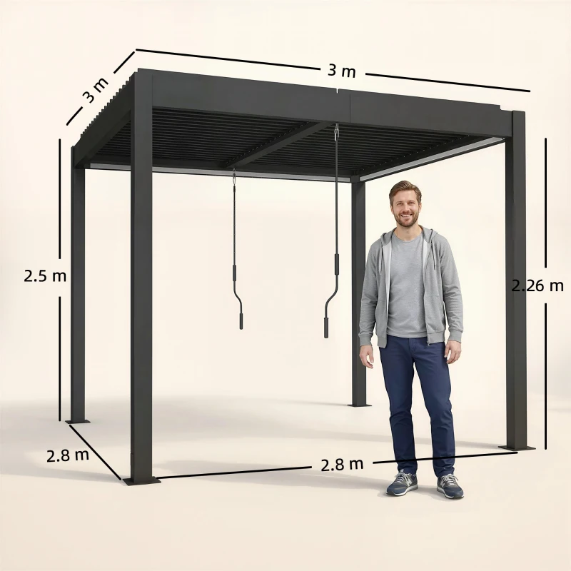 Outsunny Pergolă 3x3 m acoperiș terasă din aluminiu cu iluminare LED, telecomandă, acoperiș cu lamele reglabil