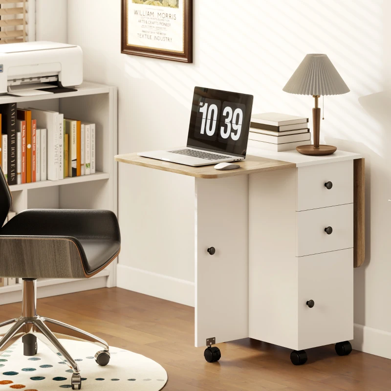 HOMCOM Mesa de Refeição com Rodas Mesa Abatível com 2 Gavetas e Armário Mesa Auxiliar Multifuncional 120x60x76,5 cm Branco