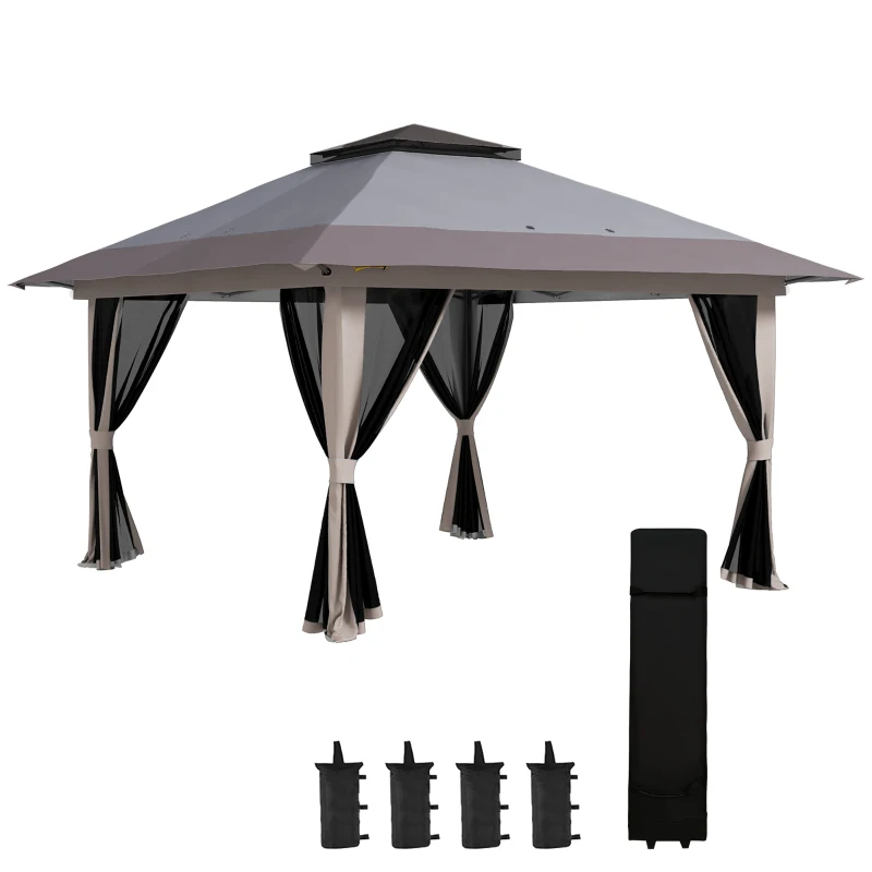 Outsunny Tenda Dobrável Pop-up com Altura Ajustável Proteção UV50+ Telhado Duplo e Redes Mosquiteiras 4x4x2,8 m Cinzento Claro