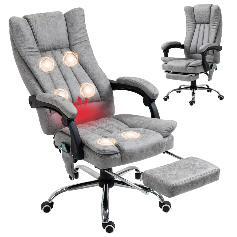 HOMCOM Fauteuil de bureau massant chauffant fauteuil bureau confortable hauteur réglable dossier inclinable repose-pied revêtement synthétique gris