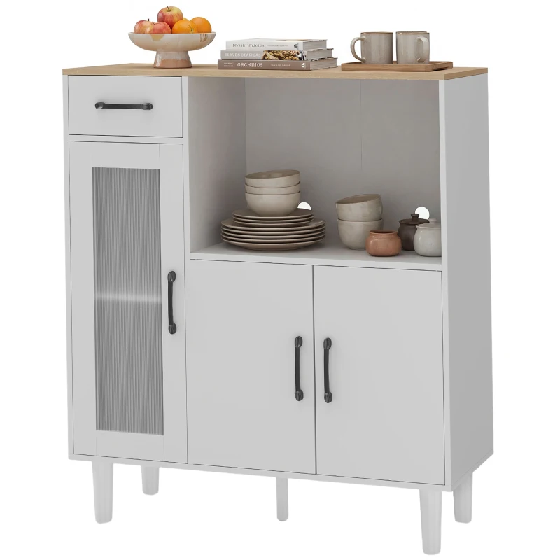 HOMCOM Dressoir Keukenkast met Lade, 2 Kasten, Open Vak, Geribbelde Acrylglasdeur 80 x 34 x 91 cm Wit+Eiken
