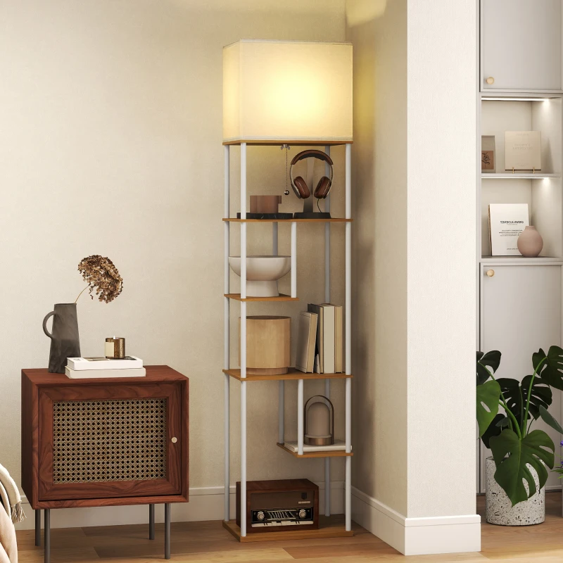 HOMCOM Candeeiro de Pé com Prateleiras Brilho e Temperaturas de Cor Ajustáveis 3000K-6500K e Temporizador 40x29x171 cm Branco e Madeira