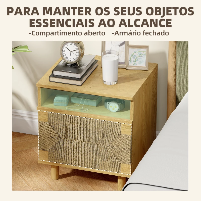 HOMCOM Mesa de Cabeceira Estilo Bohémio com Porta de Corda de Papel Prateleira Aberta e Abertura por Pressão 45x39x50 cm Carvalho