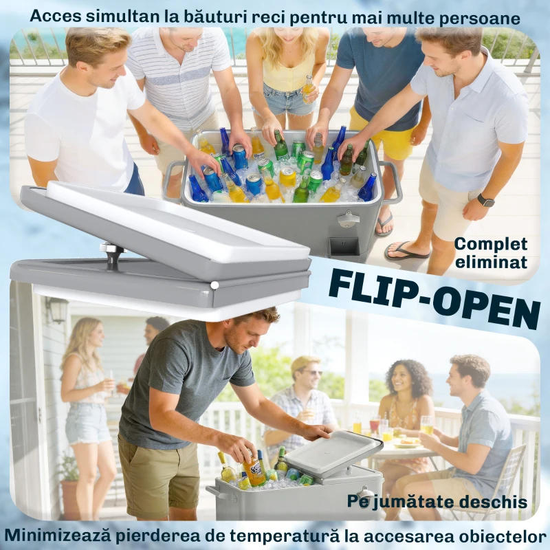 Outsunny Frigider de Grădină de 76L, Cărucior Portabil cu Raft, Deschizător de Sticle, Roți Blocabile, Recipient pentru Capace, Portabil pentru Băuturi, Bar, Grădină, Petreceri, Argintiu