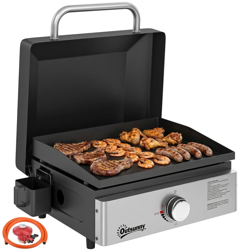 Outsunny Grill Griddle, Portable Gas Plancha, 3.5 kW, Tabletop Gas BBQ with Grease Cup for Camping Picnic Patios, Black