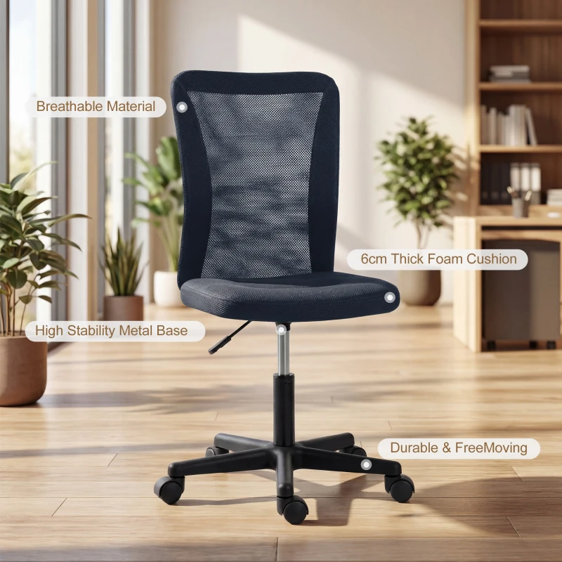Vinsetto Computer Desk Chair, Mesh Office Chair with Adjustable Height and Swivel Wheels, Armless Study Chair, Dark Grey
