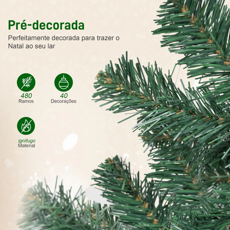 HOMCOM Árvore de Natal de 150 cm com Decorações 150 Luzes LED Branco Quente 8 Modos de Iluminação e 480 Ramos Verde