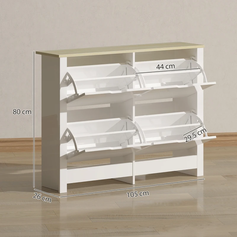 HOMCOM Slim Shoe Cabinet, Narrow Shoe Cupboard with 4 Flip Drawers, Adjustable Shelves for 16 Pairs of Shoes, White